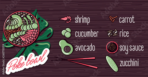 Vector menu of fish and seafood poke bowl on wooden background. Illustrations of a lunch of Hawaiian cuisine with lettering. Shrimp, cucumber, radish, avocado, carrot, zucchini, rice, soy sauce.