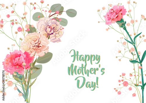 Horizontal Mother's Day card with carnation: white, red, pink, flowers, twigs gypsophile, leaves eucalyptus, white background. Templates for design, botanical illustration in watercolor style, vector