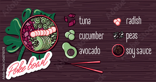 Vector menu of fish and seafood poke bowl on wooden background. Illustrations of a lunch of Hawaiian cuisine with lettering. Tuna, cucumber, radish, avocado, peas soy sauce.