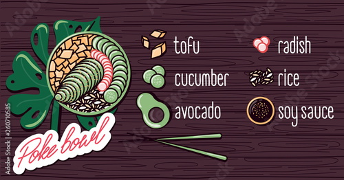 Vector menu of vegetarian poke bowl on wooden background. Illustrations of a lunch of Hawaiian cuisine with lettering. Tofu, cucumber, radish, avocado, soy sauce, carrots, rice.