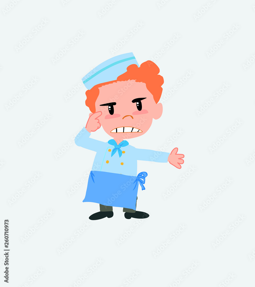Chef, is angry and points his head with his index finger. Chef, is angry and points his head with his index finger.
