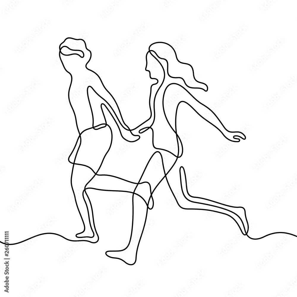 Running couple continuous line vector illustration Running couple continuous line vector illustration