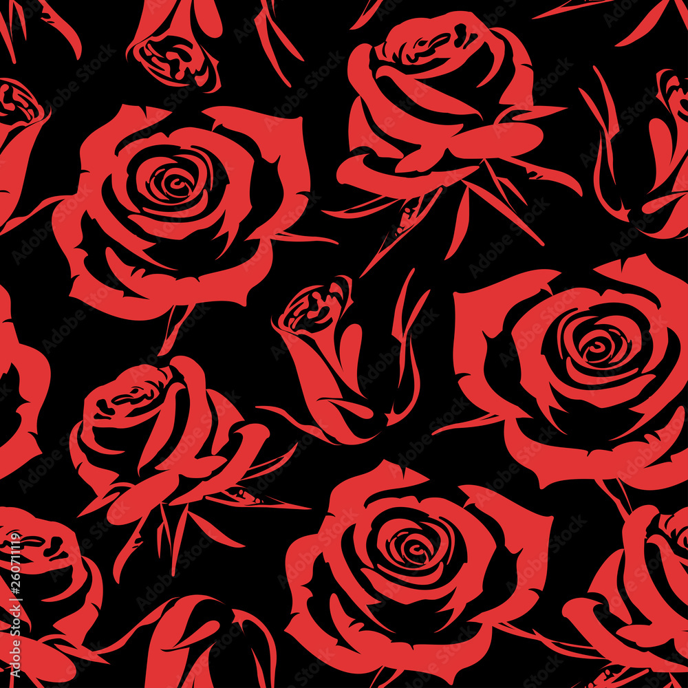 Wallpaper murals Seamless floral pattern with flowers - red Roses on a black  background 