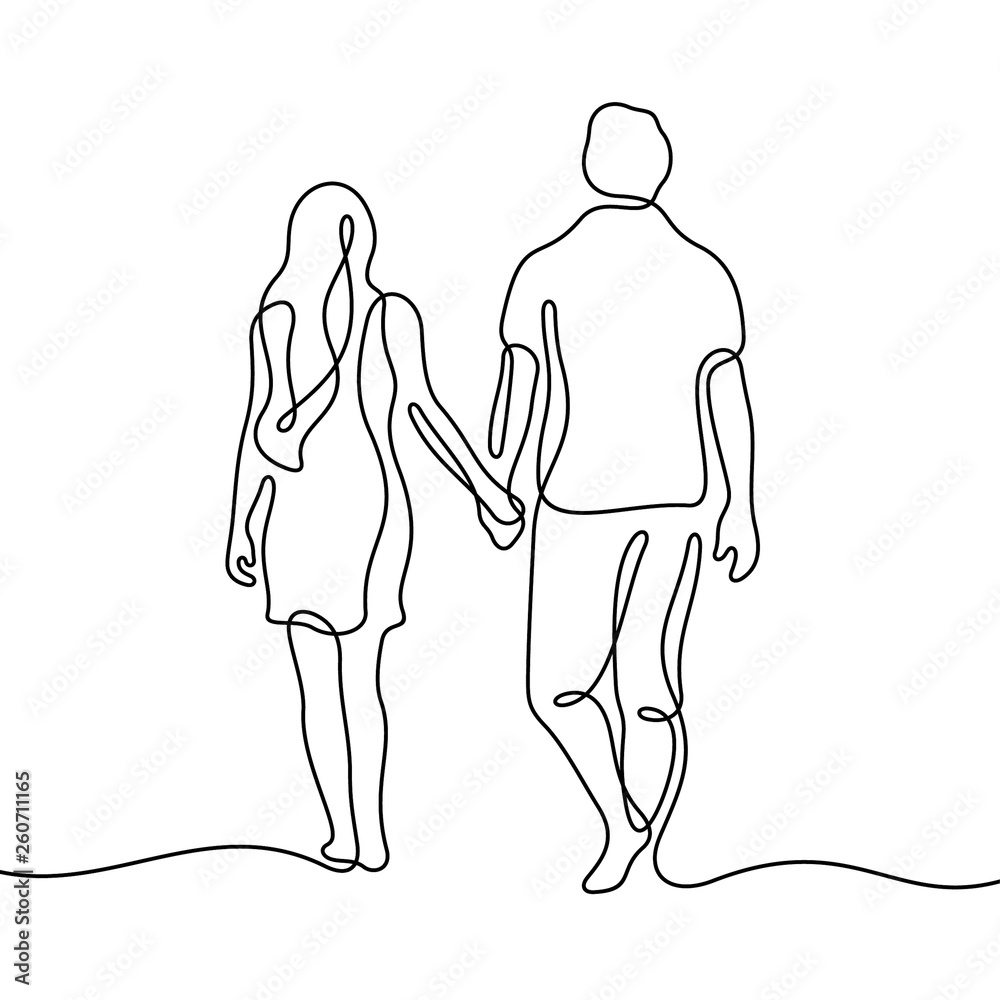 Continuous Line Art Drawing of a Loving Couple Walking and Holding Hands.  Perfect for Romantic Invitations and Posters Stock Illustration -  Illustration of woman, relationship: 277193091