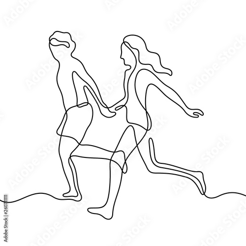 Running couple continuous line vector illustration