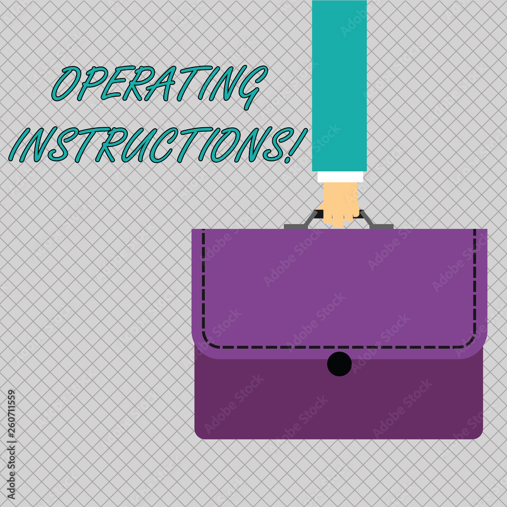 Conceptual hand writing showing Operating Instructions. Concept meaning Full information on how something should be operated Businessman Carrying Colorful Briefcase Portfolio Applique Conceptual hand writing showing Operating Instructions. Concept meaning Full information on how something should be operated Businessman Carrying Colorful Briefcase Portfolio Applique