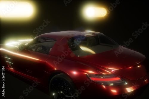 luxury sport car in dark studio with bright lights