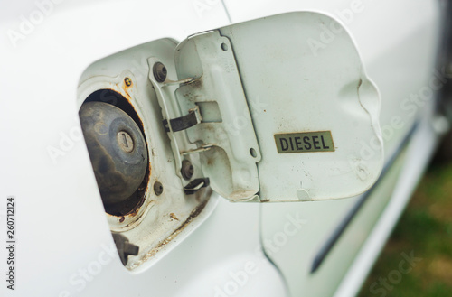 closeup of old diesel car and fuel tank