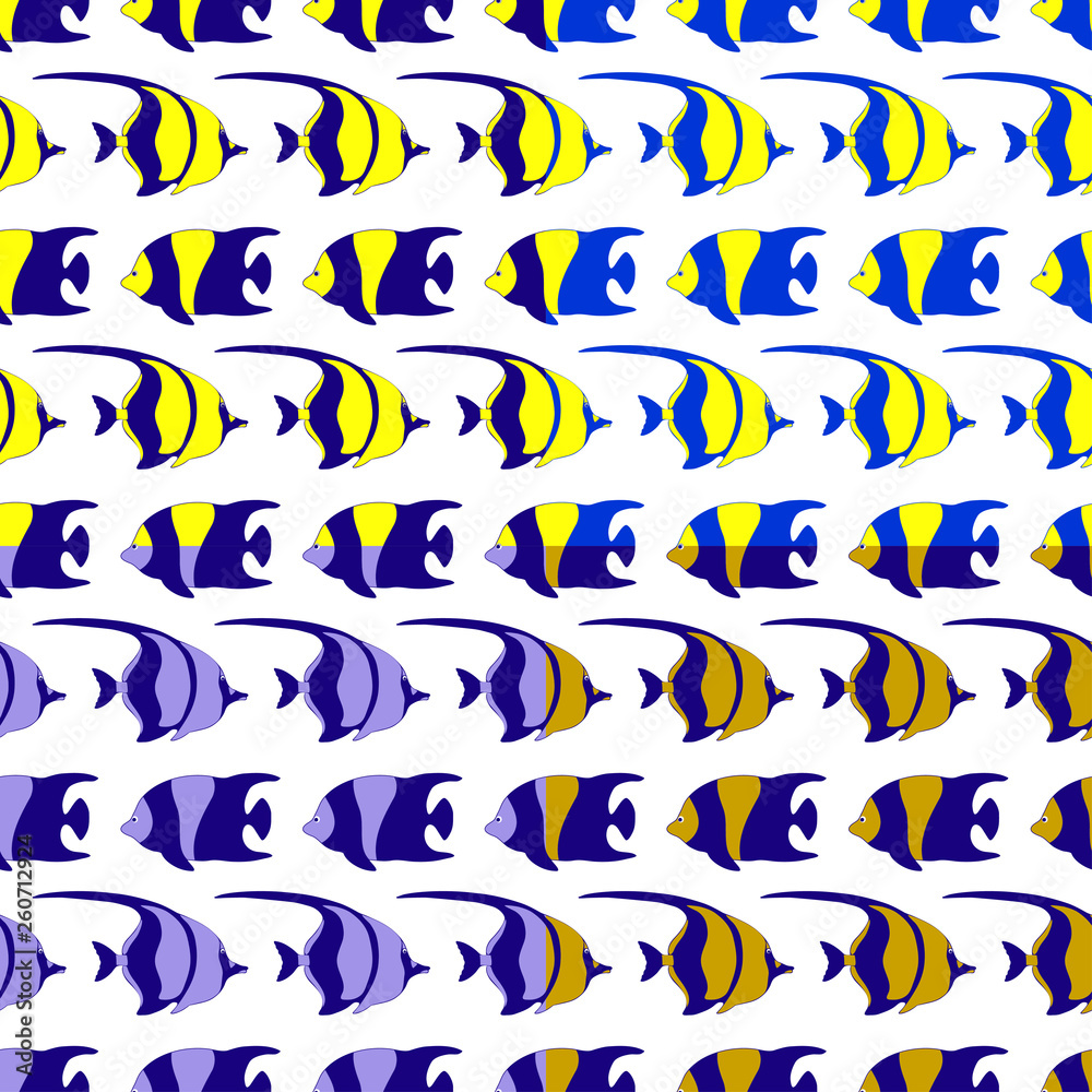 Set of vector seamless patterns with yellow and blue tropical sea fish.
