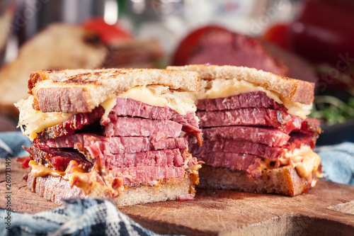 Reuben Sandwich with corned beef, cheese and sauerkraut photo