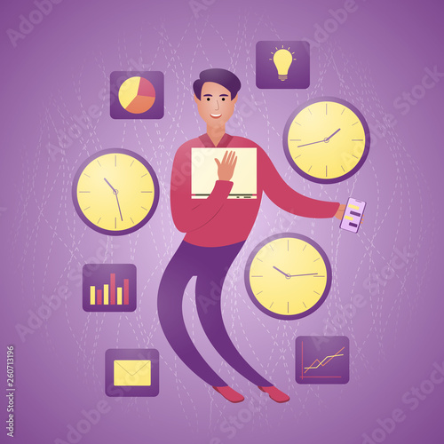 Flexible modern businessman between clocks and graphics. The concept of flexible work schedule. Vector illustration.