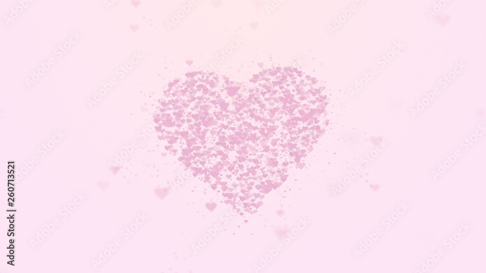 Red heart is isolated on light pink background. Accumulation of little hearts creates one large heart. Lying heart is bursting with little hearts.