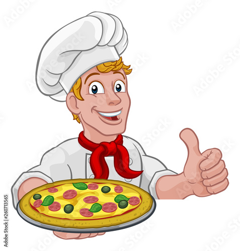 A chef holding a plate of pizza peeking over a sign and giving a thumbs up cartoon