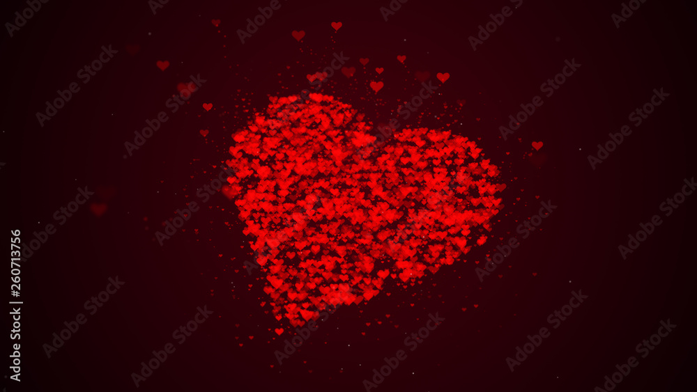 Red heart is isolated on burgundy background. Accumulation of little hearts creates one large heart. Lying heart is absorbing more little hearts.