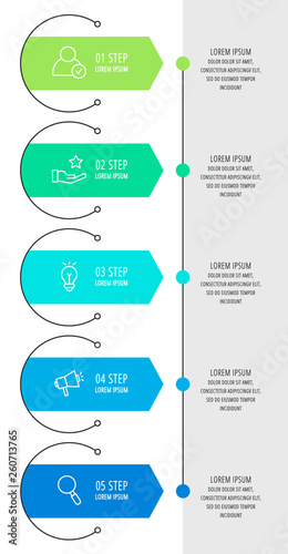 Modern vector flat illustration. Infographic arrows template with five elements, shapes, icons. Timeline designed for business, presentations, web design, interface, education, diagrams with 5 steps