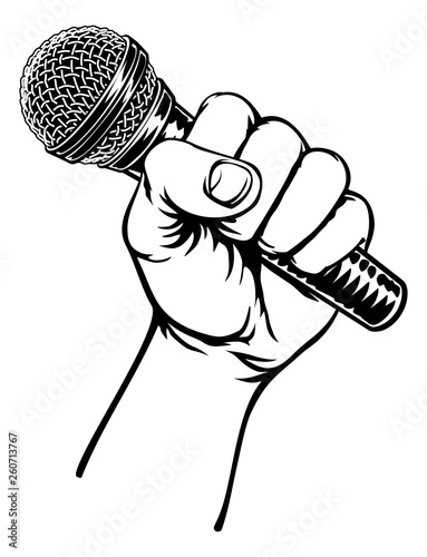 A fist hand holding a microphone or mic in a vintage intaglio woodcut engraved or retro propaganda style