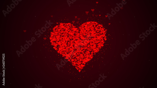 Red heart is isolated on burgundy background. Accumulation of little hearts creates one large heart.