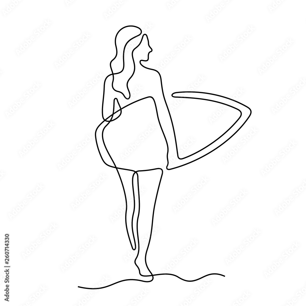 Girl with a surfboard continuous line vector illustration Stock Vector ...