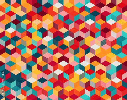 Seamless vector background with multicolored cubes in 3D style. Geometric pattern.