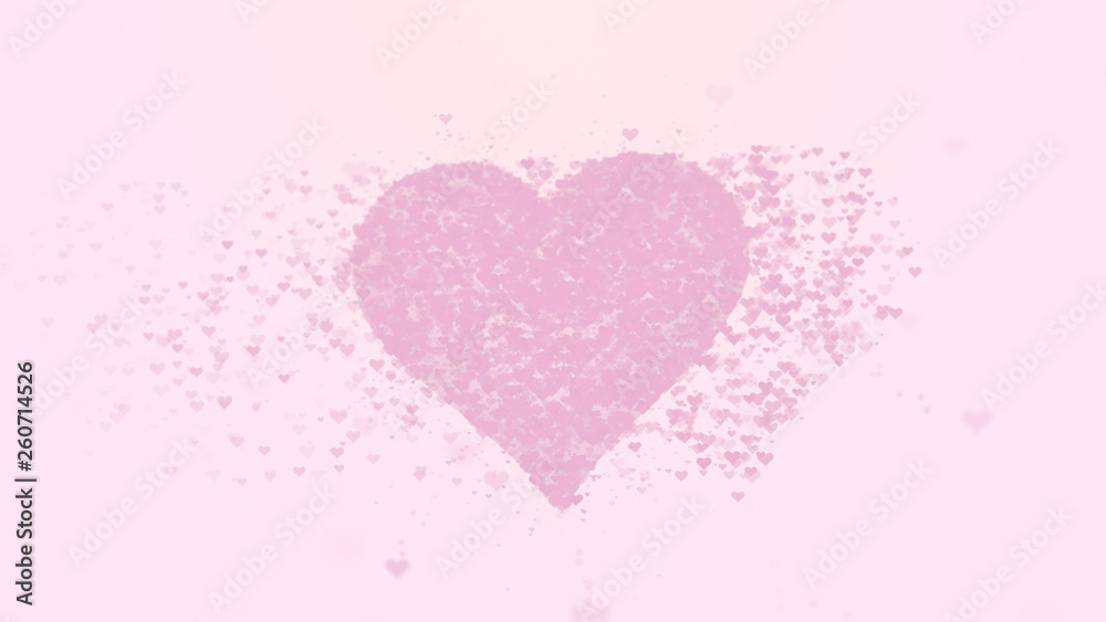 Blurred pink heart is isolated on pink background. Accumulation of little hearts creates one large heart. Light pink heart is bursting with little hearts.