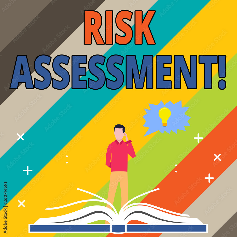 Word writing text Risk Assessment. Business photo showcasing evaluating potential risks involved projected activity Man Standing Behind Open Book, Hand on Head, Jagged Speech Bubble with Bulb