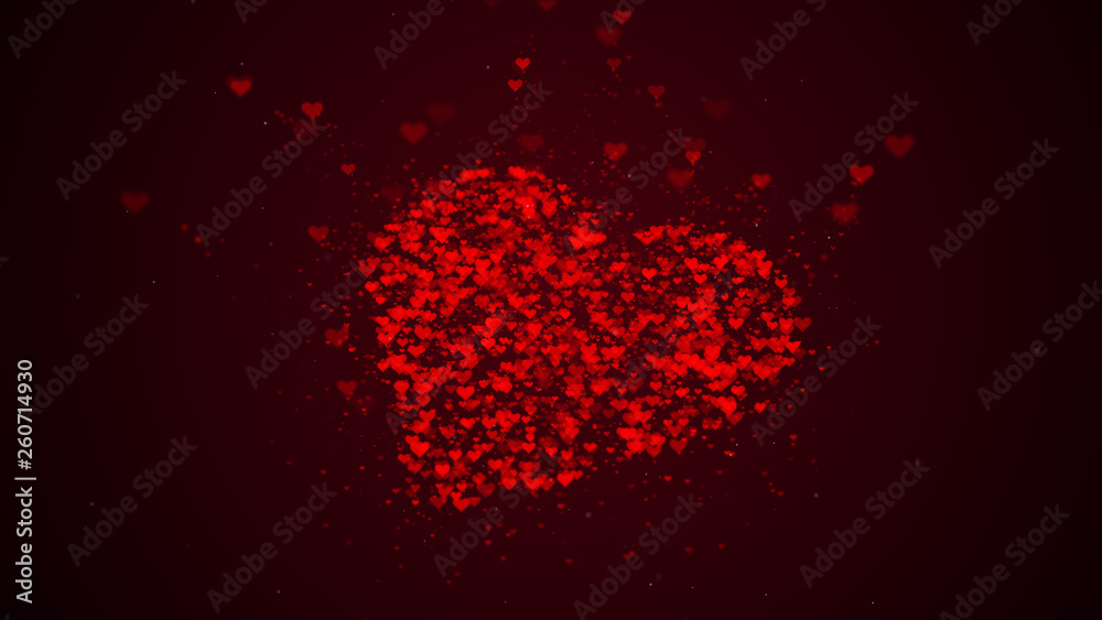 Red heart is isolated on burgundy background. Accumulation of little hearts creates one large heart. Burgundy heart is bursting with little hearts.