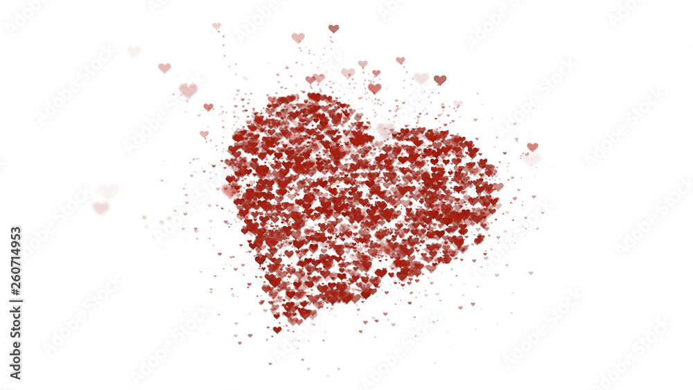 Red heart is isolated on white background. Accumulation of little hearts creates one large heart. Lying heart is absorbing more little hearts.