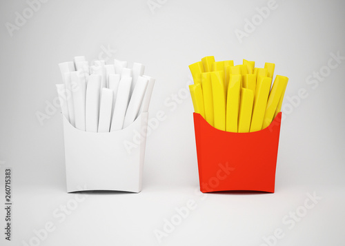 Box packaging for french fries on grey background, mock up for design, 3d illustration, 3d render