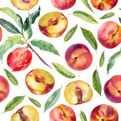 Papier peint photo Fruits aquarelle patrons Pêches feuilles vertes aquarelle estivale  © Elena