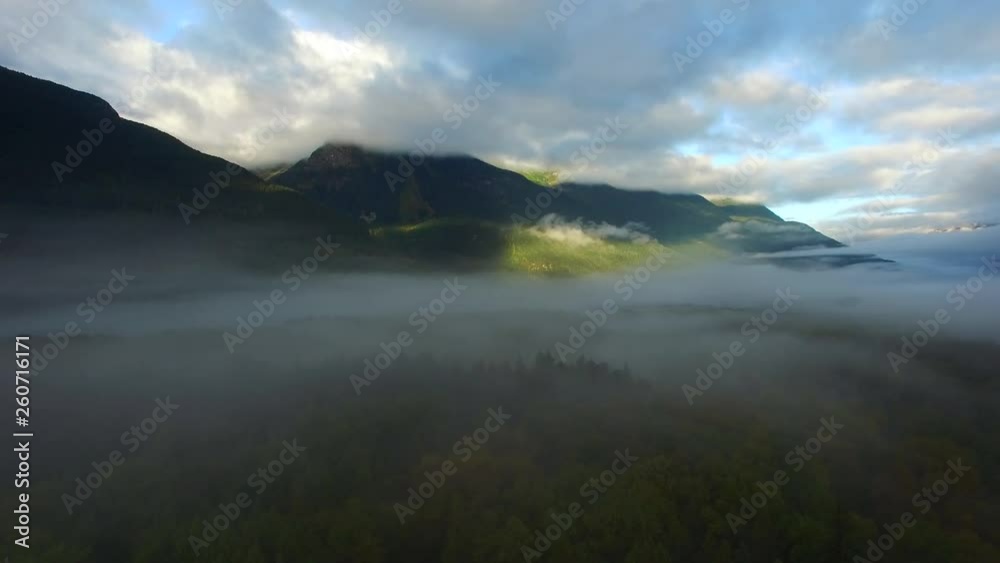 Aerial: Blanket Like Fog Covering Forest, Mountains Behind in Bella Coola, British Columbia Aerial: Blanket Like Fog Covering Forest, Mountains Behind in Bella Coola, British Columbia