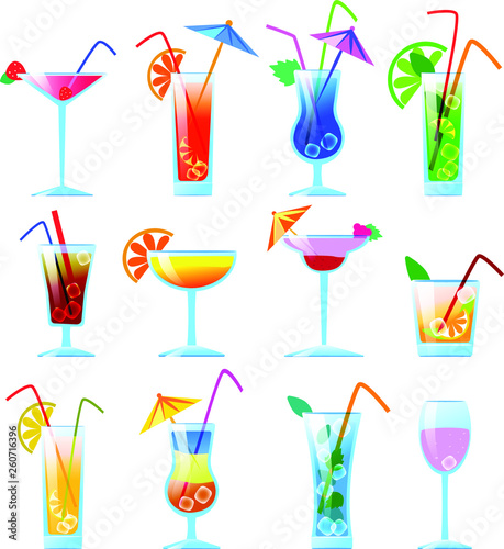 Set of colorful summer cocktails with fruits, alcohol and juice. Vector objects for menu, banner, web site template.