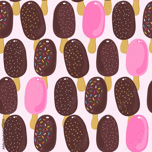 sweet ice cream regular rows chocolate  strawberry fudge sugar sprinkles and nuts summer hot seamless pattern on pink background