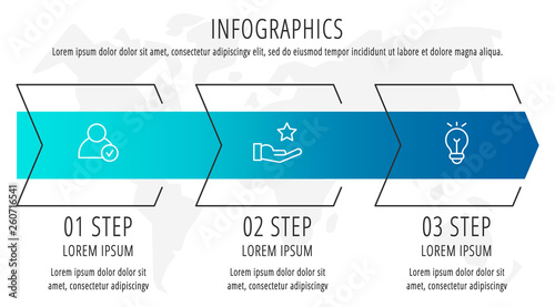 Modern vector flat illustration. Infographic arrows template with three elements, shapes, icons. Timeline designed for business, presentations, web design, interface, education, diagrams with 3 steps