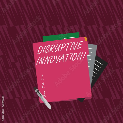 Text sign showing Disruptive Innovation. Business photo text displacing established marketleading firms or product Colorful Lined Paper Stationery Partly into View from Pastel Blank Folder photo