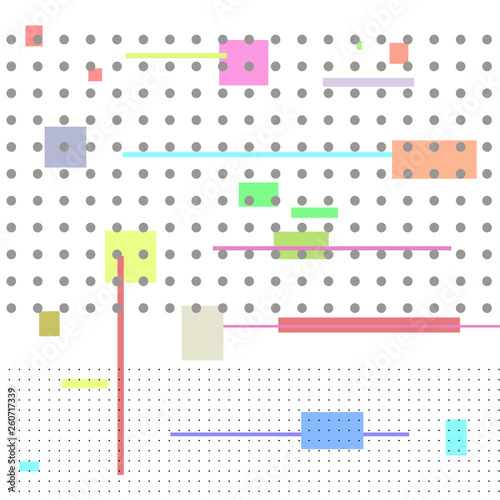 Composition of colored rectangle and gray circles