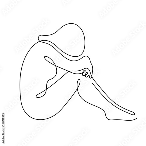 Sad girl continuous line vector illustration