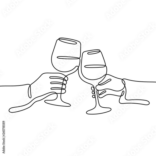 Hands cheering wine glasses continuous line vector illustration