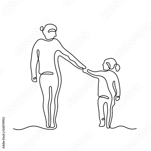 Mom and daughter holding hands continuous line vector sketch