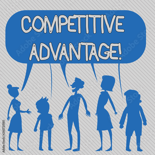 Text sign showing Competitive Advantage. Business photo showcasing Condition that puts a company in a favorable position Silhouette Figure of People Talking and Sharing One Colorful Speech Bubble