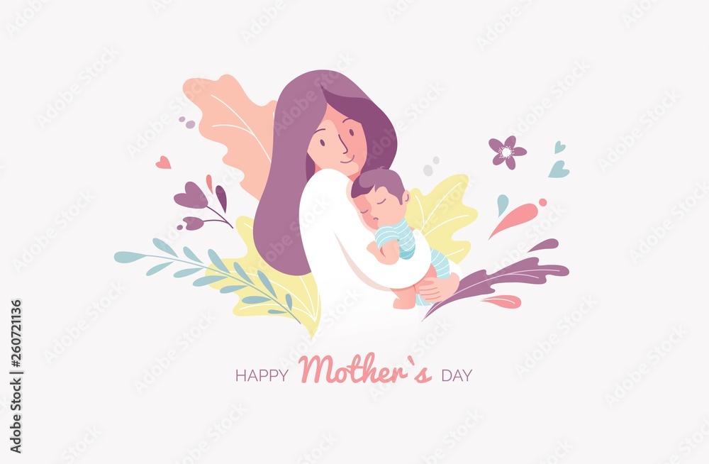 Vector Illustration Of Mother Holding Baby Son In Arms. Happy Mother`s Day Greeting Card. Vector Illustration Of Mother Holding Baby Son In Arms. Happy Mother`s Day Greeting Card.