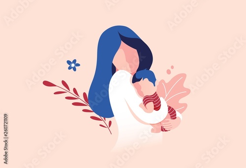 Vector Illustration Of Mother Holding Baby Son In Arms. Floral Background.