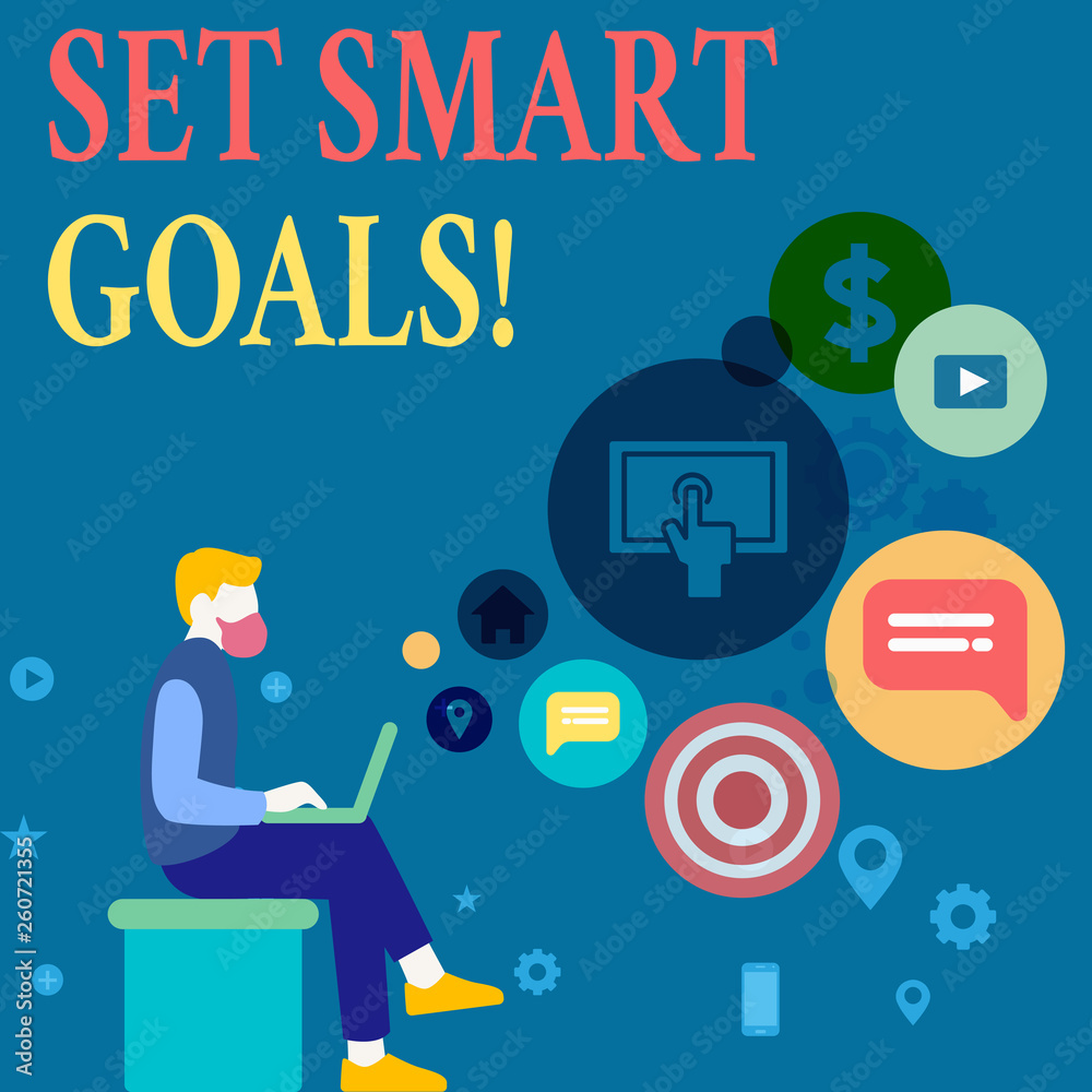 Writing note showing Set Smart Goals. Business concept for list to clarify your ideas focus efforts use time wisely Man Sitting with Laptop and SEO Driver Icons on Blank Space Writing note showing Set Smart Goals. Business concept for list to clarify your ideas focus efforts use time wisely Man Sitting with Laptop and SEO Driver Icons on Blank Space