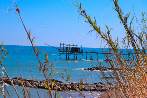 Panoramic view of an Ancient fishing machine called  Trabucco     trebuchet   typical of the Italian Adriatic coast  Puglia and Gargano  Molise and Abruzzo  protected as a monumental heritage.