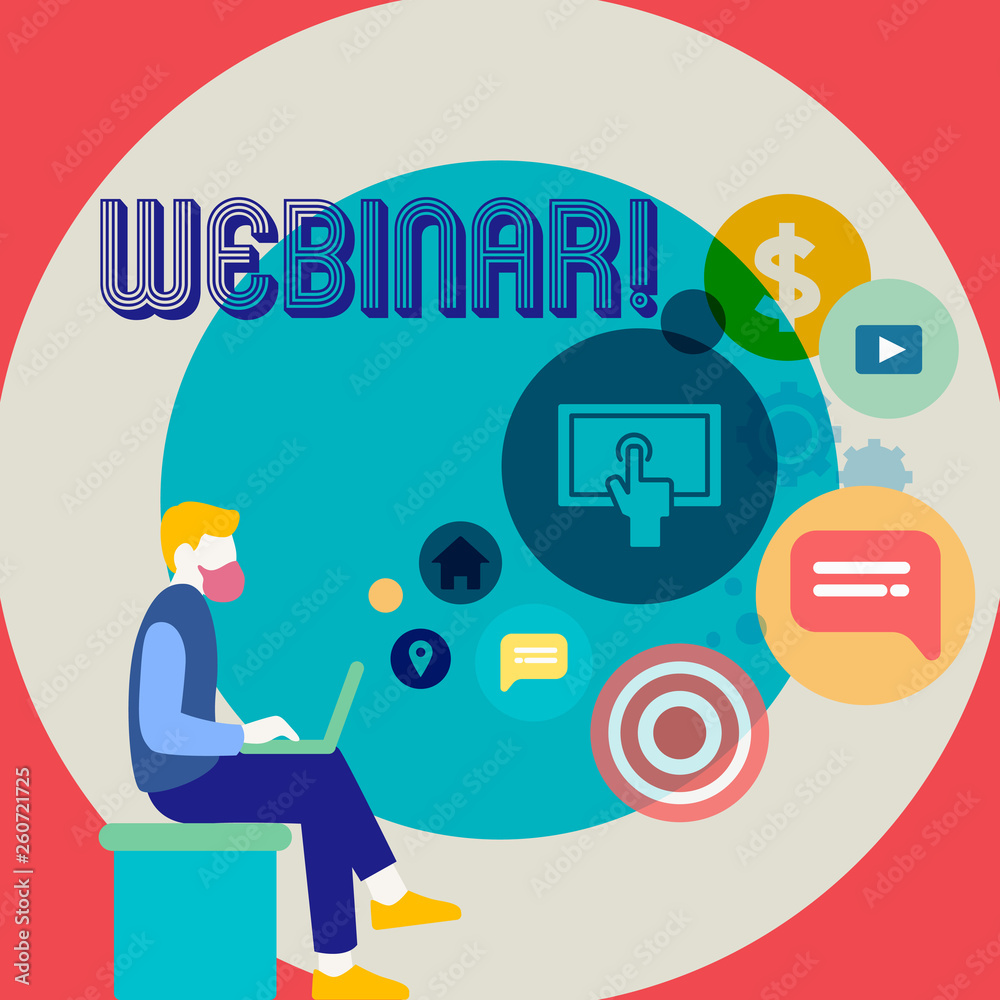 Word writing text Webinar. Business photo showcasing seminar or other presentation types that takes place on Internet Man Sitting Down with Laptop on his Lap and SEO Driver Icons on Blank Space Word writing text Webinar. Business photo showcasing seminar or other presentation types that takes place on Internet Man Sitting Down with Laptop on his Lap and SEO Driver Icons on Blank Space