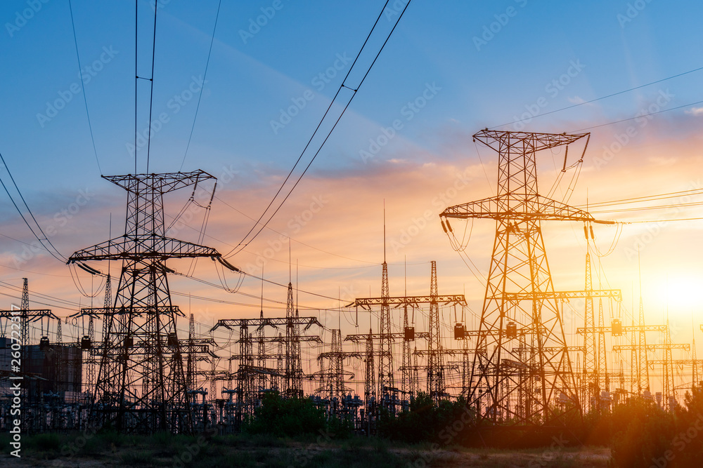 distribution electric substation with power lines and transformers