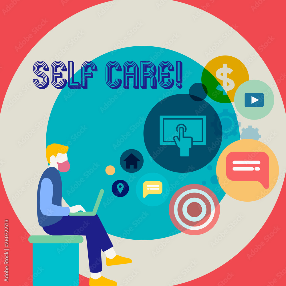 Word writing text Self Care. Business photo showcasing practice of taking action to preserve or improve ones own health Man Sitting Down with Laptop on his Lap and SEO Driver Icons on Blank Space