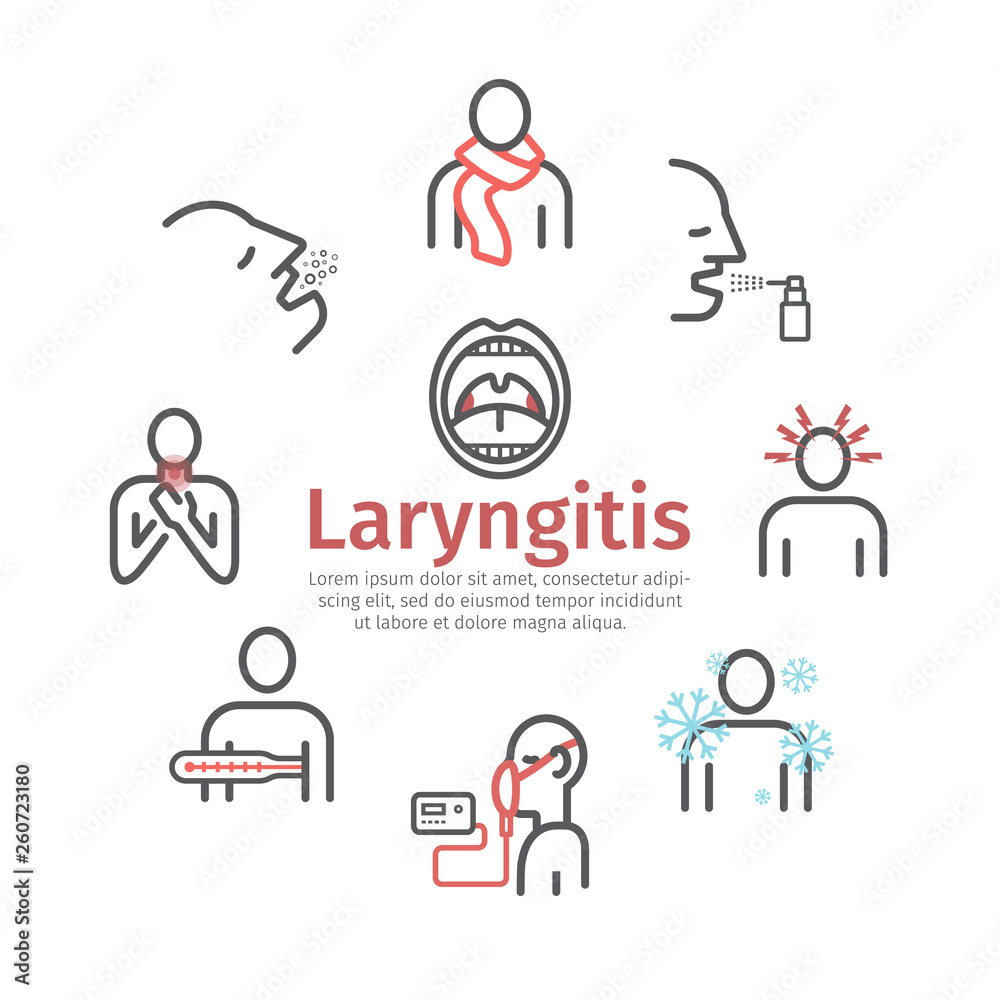 Laryngitis banner. Symptoms, Treatment. Line Icons set. Vector illustration Laryngitis banner. Symptoms, Treatment. Line Icons set. Vector illustration