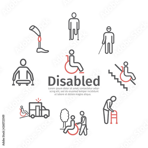 Disabled People line icons set. Vector signs for web graphics.