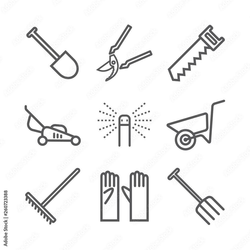 Obraz premium Garden tools line icons. Vector sign for web graphic.