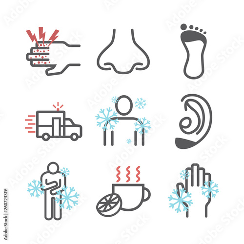 Frostbite. Symptoms, Line icons set. Vector signs for web graphics.